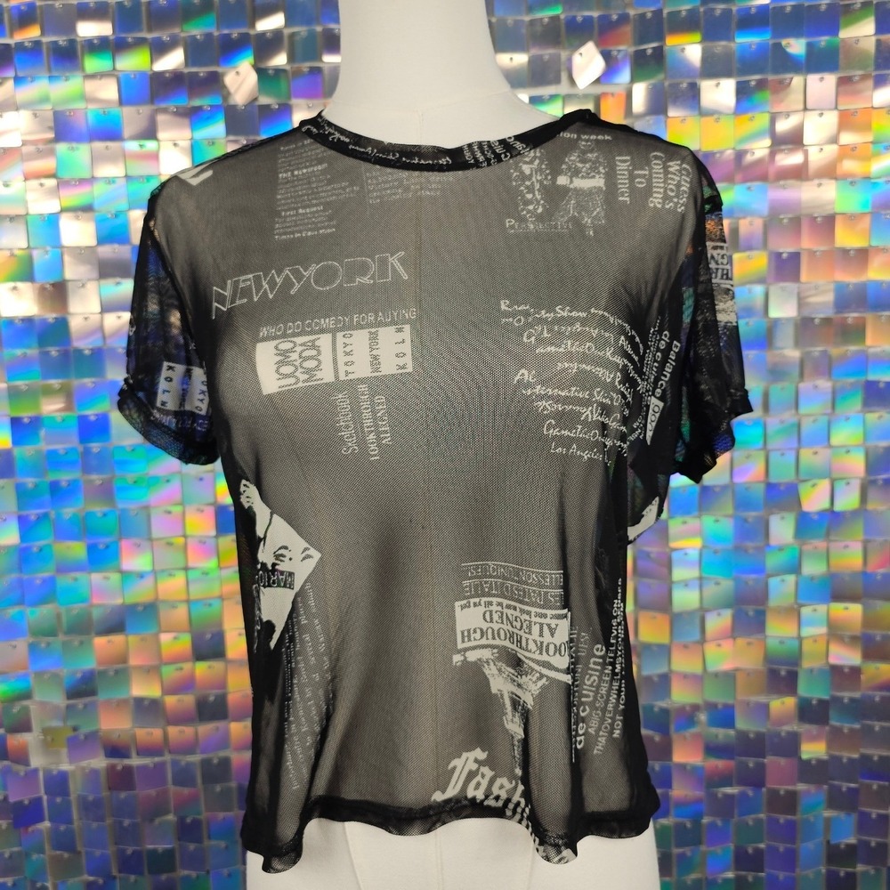 Just Polly New York Women's Mesh Graphic Print Short Sleeve Top XL‎ Made in USA